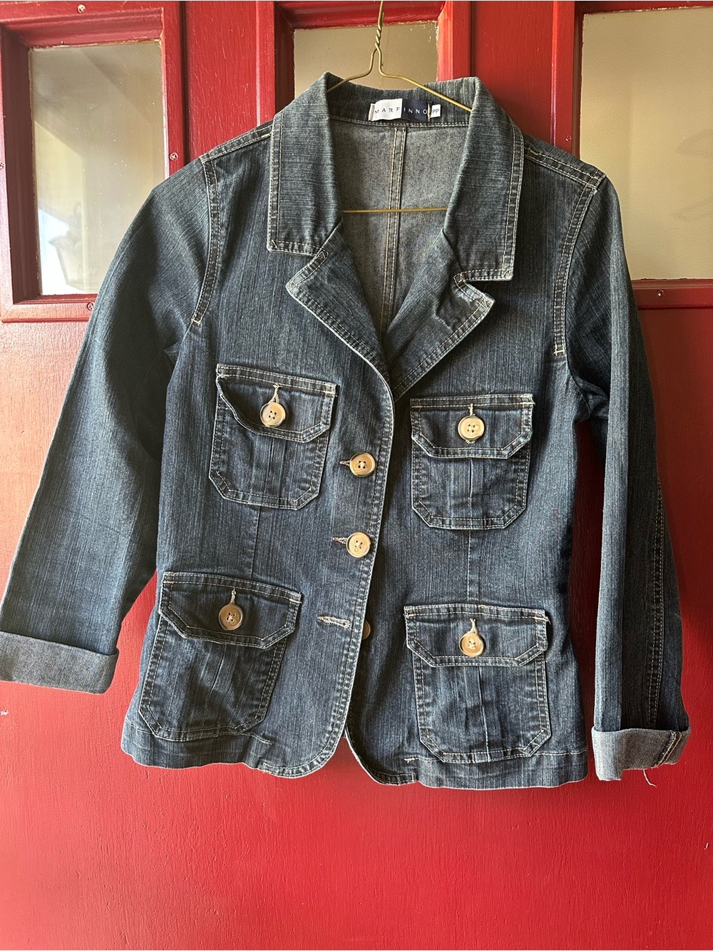Casual Dark Blue Denim Jacket with Patch Pockets